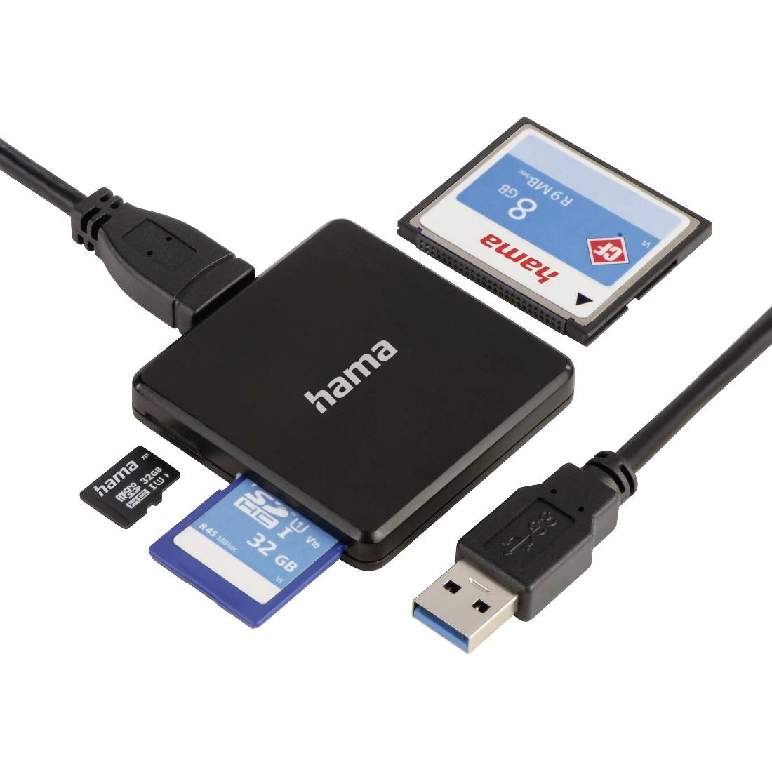 Lecteur de cartes USB Hama avec plusieurs cartes mémoire insérées et un câble USB, montrant la prise en charge de différents formats de cartes.