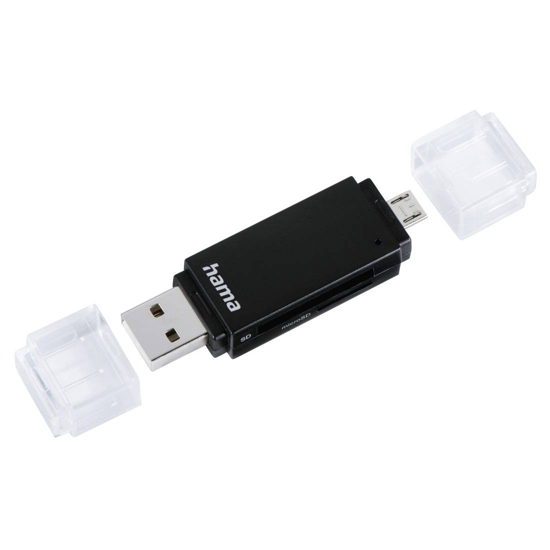 Lecteur de cartes USB Hama noir avec connecteurs micro-USB et USB-A, présenté avec des capuchons de protection sur un fond blanc.