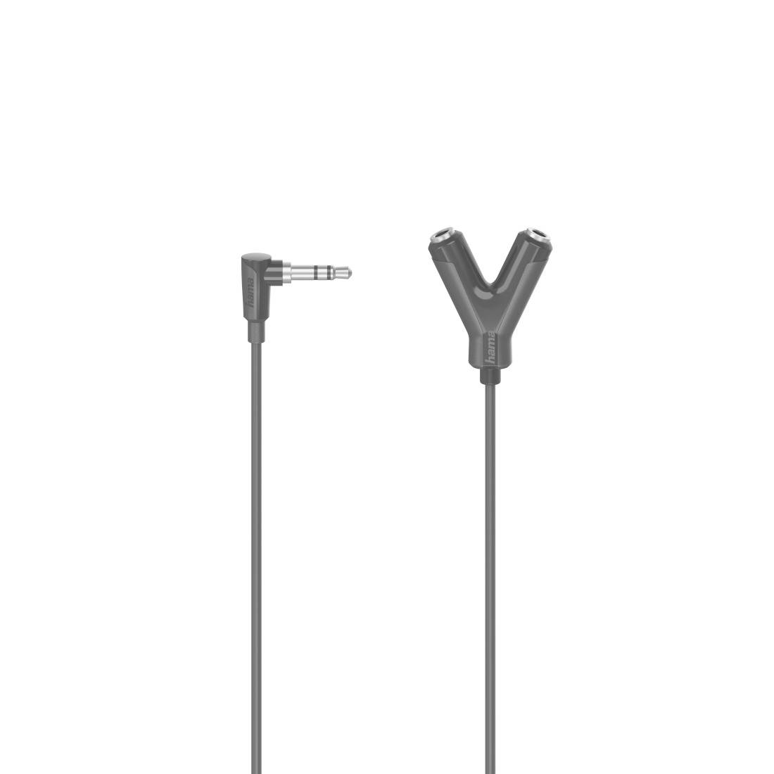 Câble diviseur audio avec une prise 3,5 mm coudée à une extrémité et un connecteur double casque en forme de Y à l'autre extrémité.
