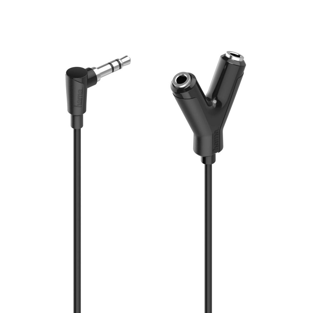 Câble diviseur audio Y noir avec une fiche mâle 3,5 mm à une extrémité et deux prises femelles pour casque à écouteurs à l'autre extrémité.