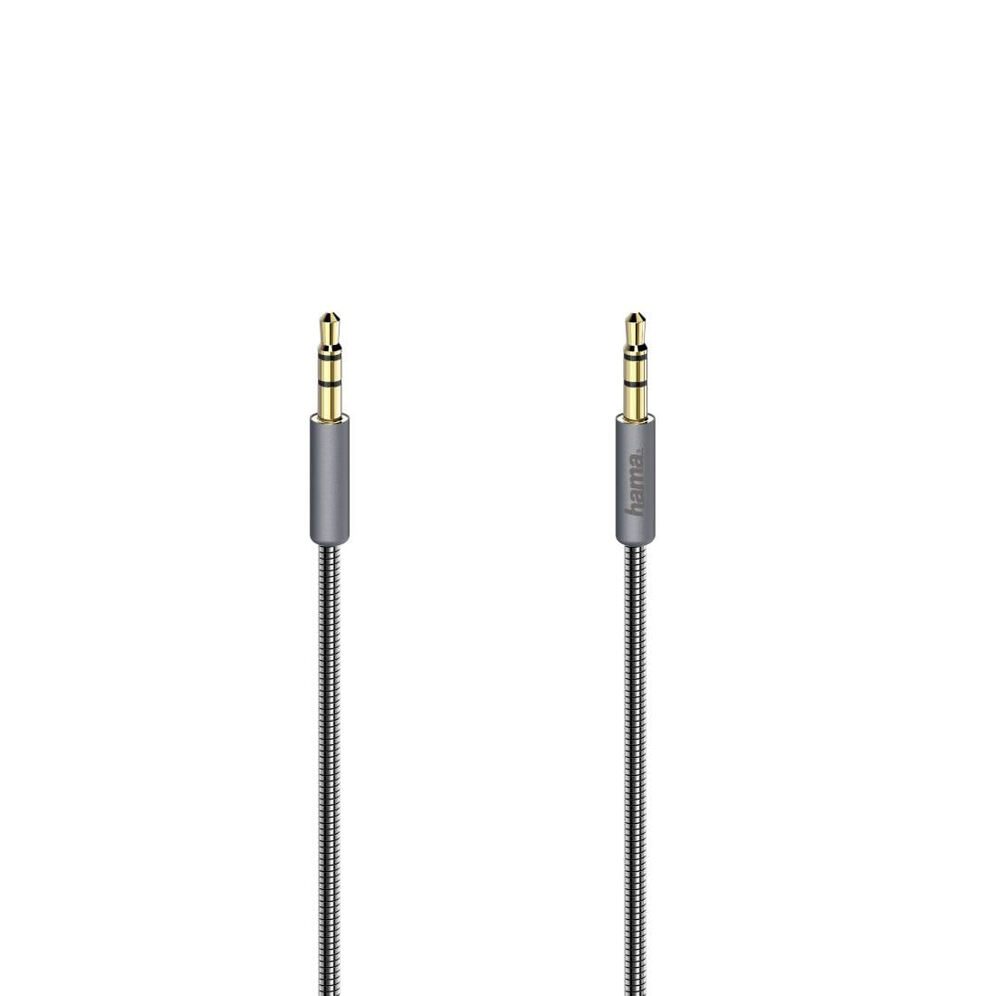 Deux câbles audio gris de 3,5 mm avec connecteurs plaqués or présentés sur fond blanc.