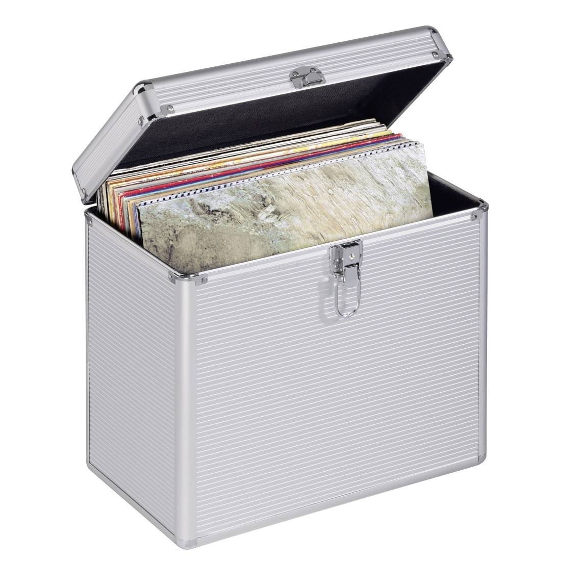 Boîte de rangement en argent ouverte contenant plusieurs disques vinyles ou dossiers, présentée sur un fond blanc.