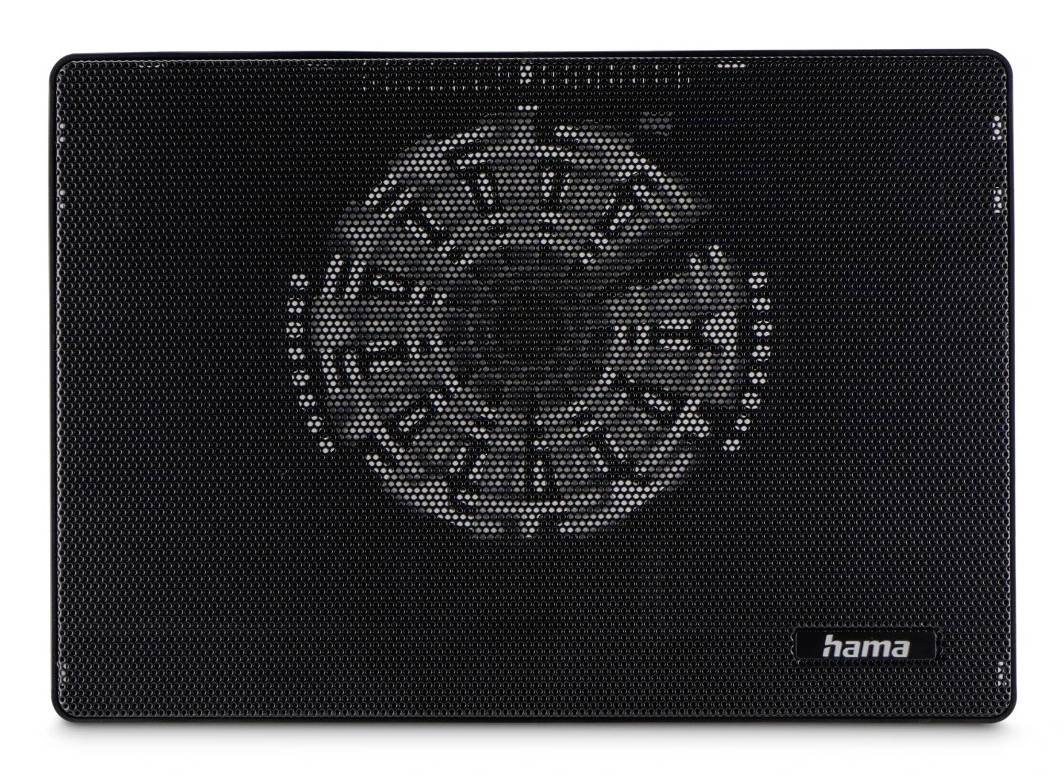 Coussin de refroidissement pour ordinateur portable rectangulaire noir avec un grand ventilateur circulaire et le logo Hama dans le coin inférieur droit.