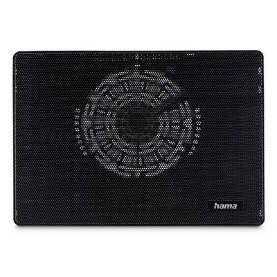 Coussin de refroidissement pour ordinateur portable rectangulaire noir avec un grand ventilateur circulaire et le logo Hama dans le coin inférieur droit.