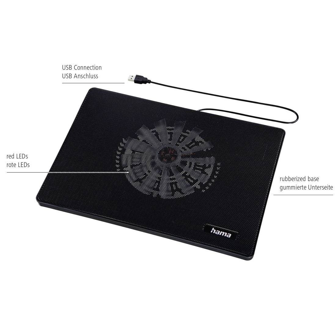 Coussin de refroidissement pour ordinateur portable noir avec ventilateur central, câble USB, LED rouge, et base caoutchoutée, étiqueté avec les caractéristiques de connexion USB et de la base.