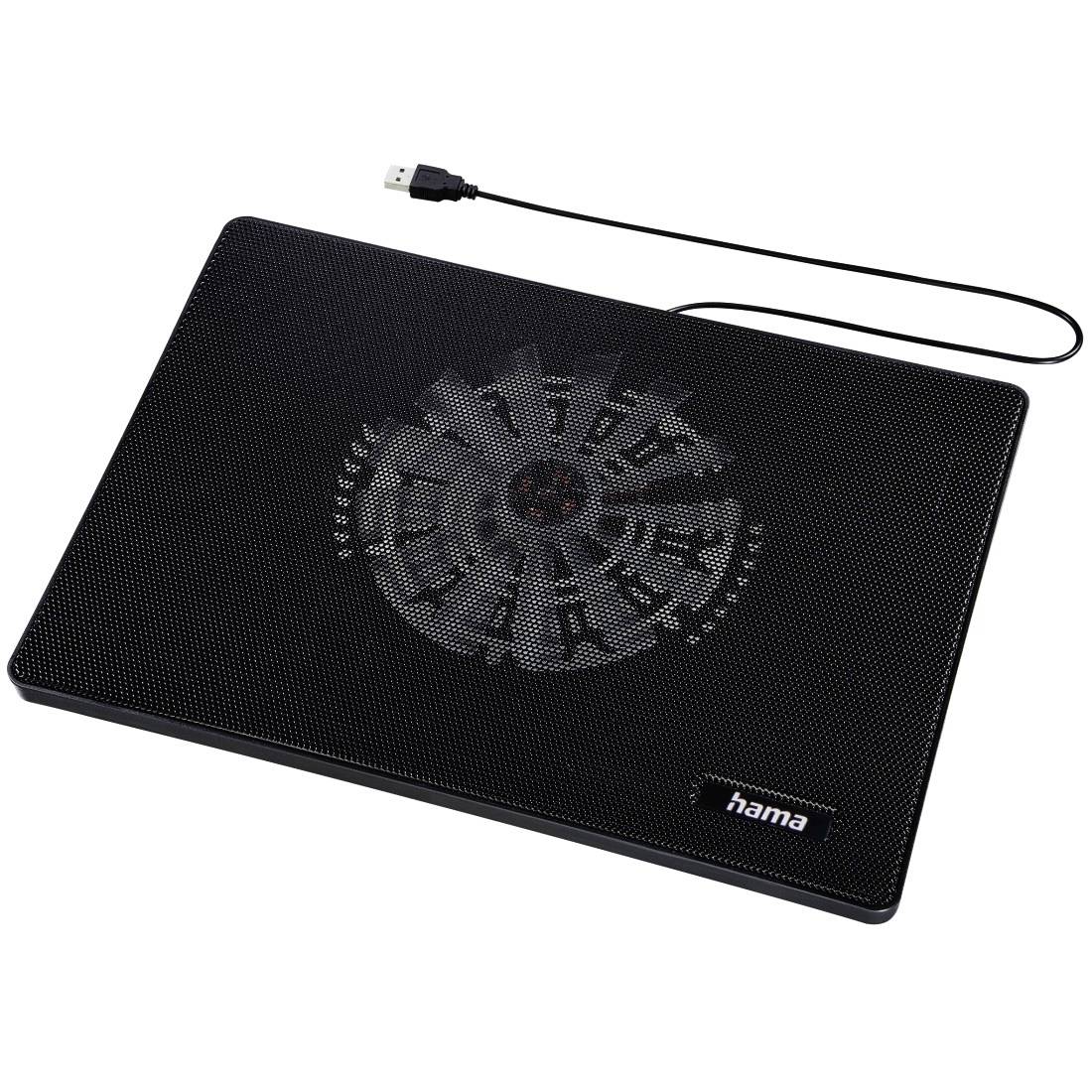 Coussin de refroidissement pour ordinateur portable Hama noir avec un ventilateur central et un câble d'alimentation USB attaché sur fond blanc.