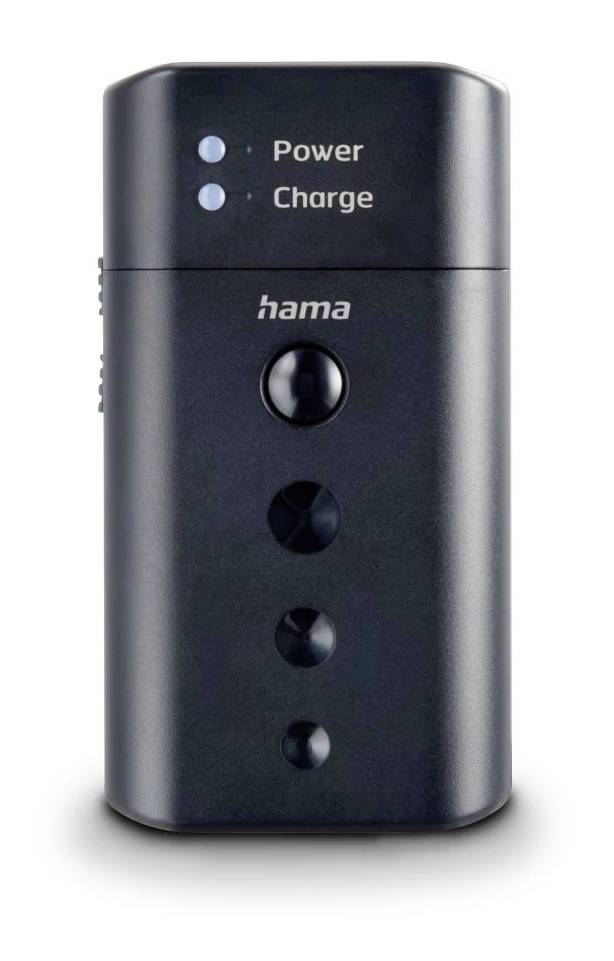 Chargeur de batterie Hama noir avec deux voyants indicateurs étiquetés Power et Charge et un bouton central sur fond blanc.