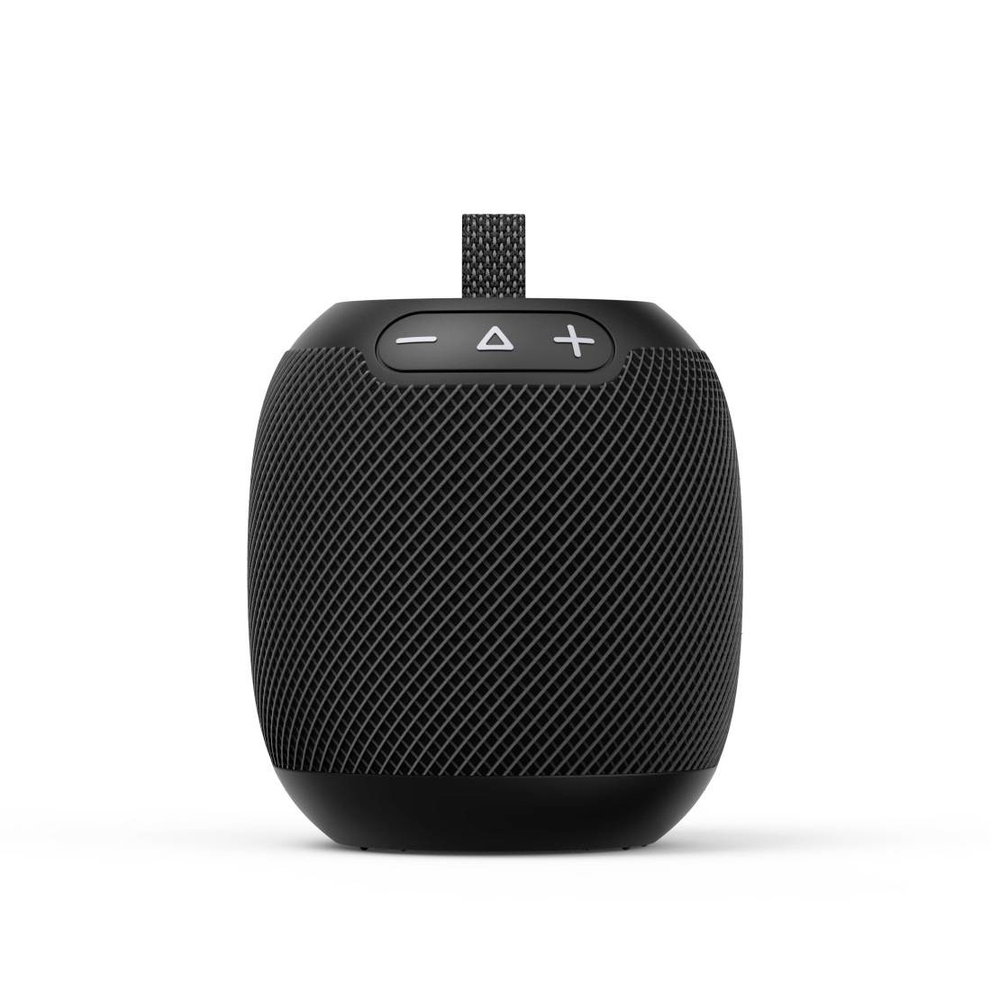 Haut-parleur Bluetooth portable noir avec grille en mesh, sangle supérieure et contrôles de volume moins/plus sur fond blanc