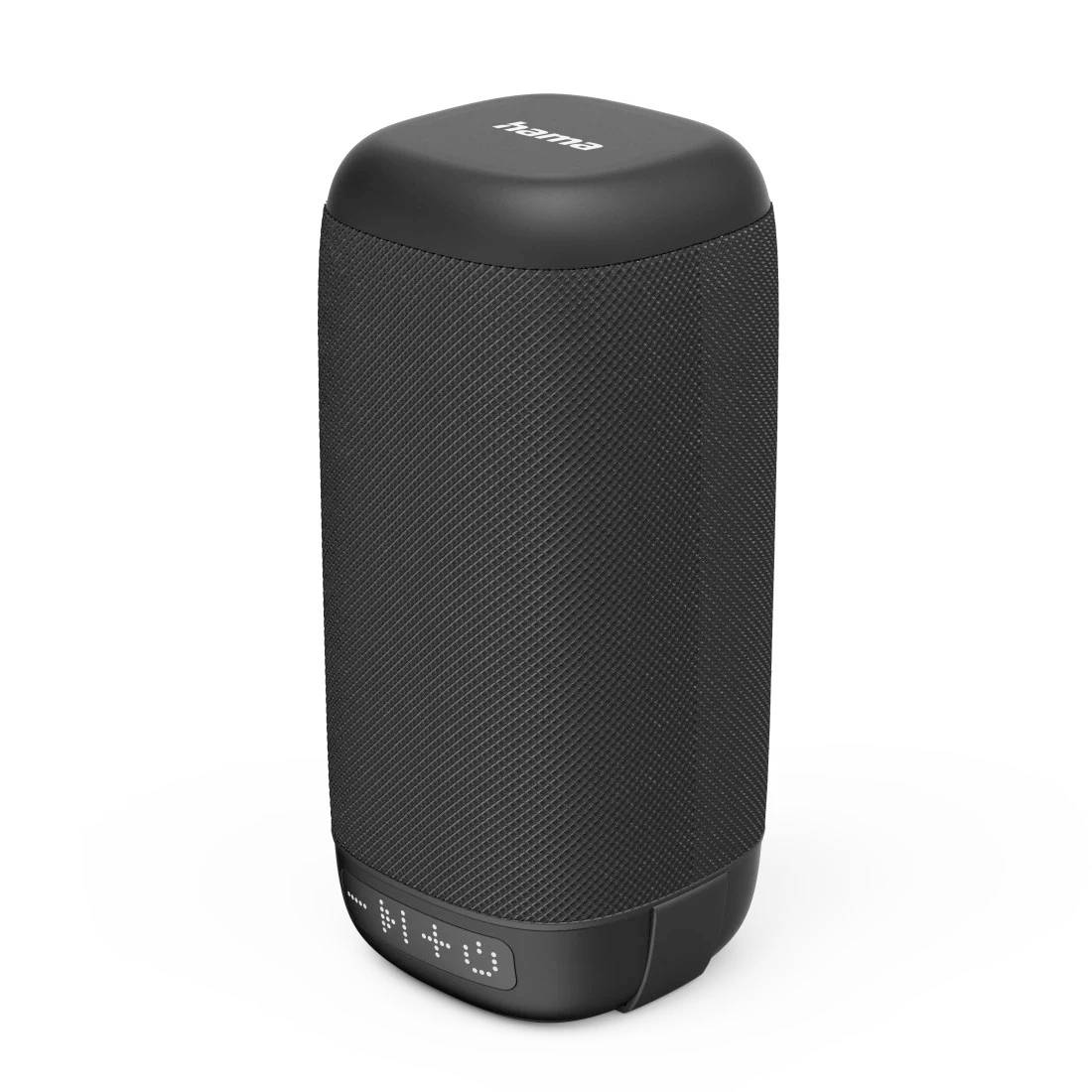 Enceinte portable cylindrique noire avec grille texturée et affichage d'horloge numérique à la base.