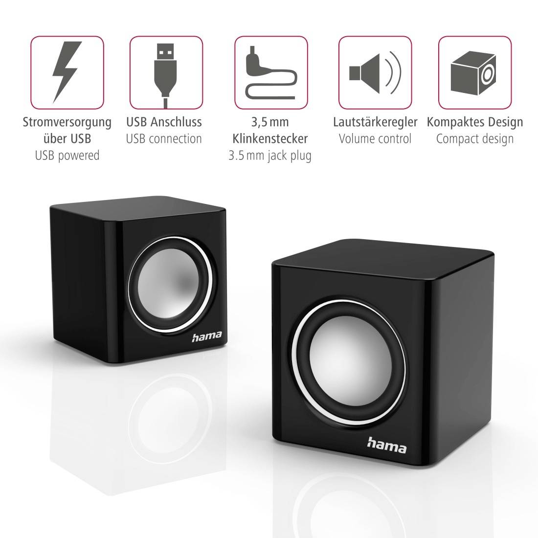 Image produit de deux petits haut-parleurs Hama noirs compacts avec des icônes d'alimentation USB, de connexion USB, de prise jack 3,5 mm et de contrôle du volume au-dessus.