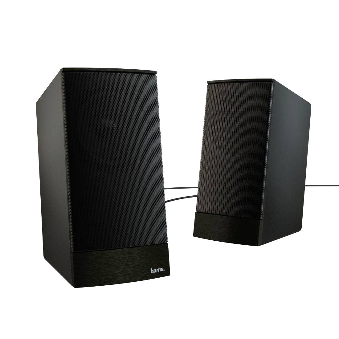 Deux enceintes d'ordinateur filaires noires sur un fond blanc, une enceinte plus grande devant et une enceinte plus petite derrière.