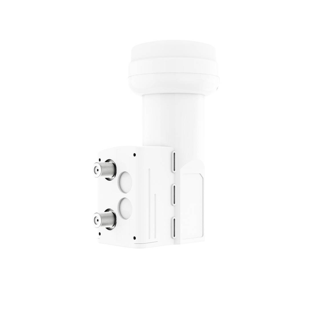 Dispositif médical blanc avec un sommet cylindrique et des connecteurs montés latéralement, présenté en isolé sur un fond neutre.