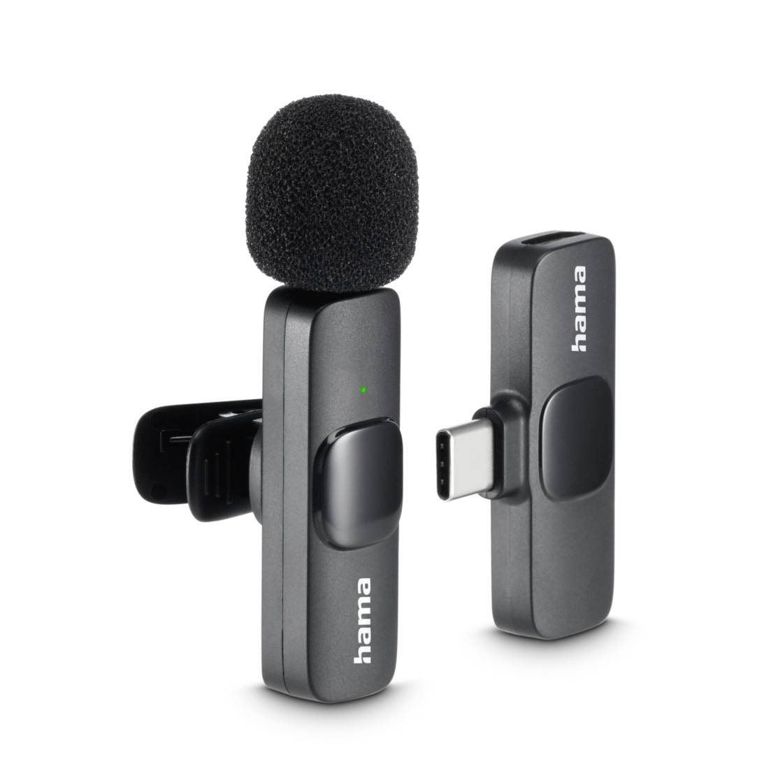 Deux microphones de revers sans fil Hama noirs avec pare-brise en mousse et récepteurs USB-C, présentés sur fond blanc.