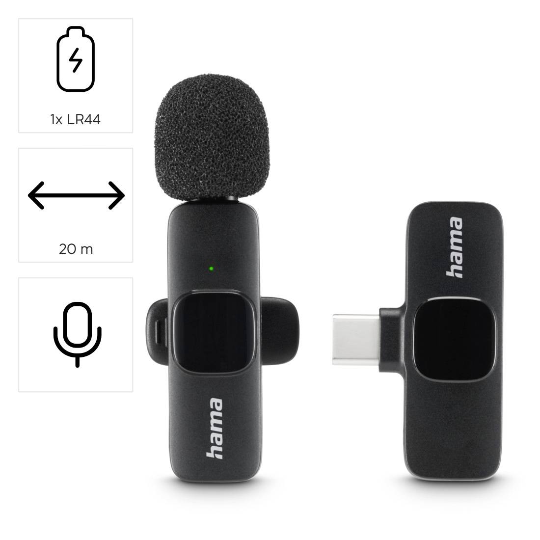 Ensemble de microphone sans fil Hama à pince avec pare-vent en mousse et récepteur USB-C ; les icônes indiquent une alimentation par batterie LR44 et une portée de 20 m.