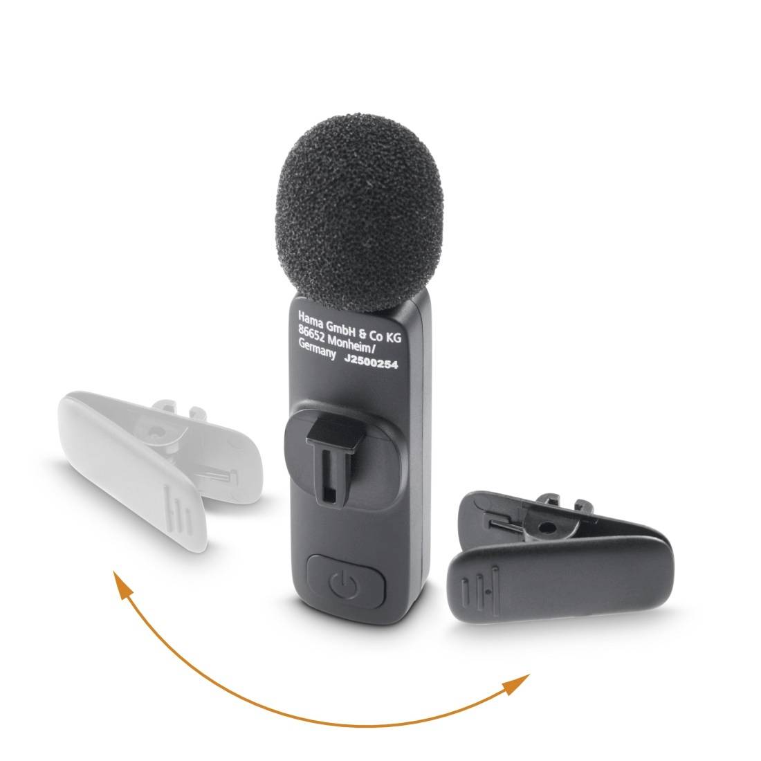 Microphone cravate sans fil avec émetteurs à pince présentés en blanc et noir, avec une flèche courbe indiquant la rotation ou l'attachement interchangeable.