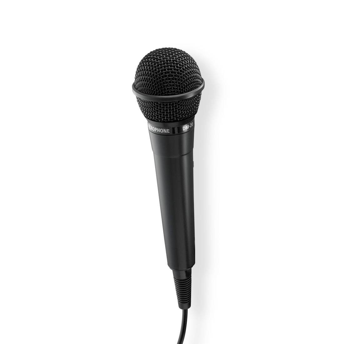 Microphone filaire portatif noir sur fond blanc.