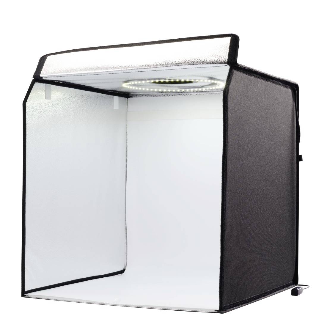 Tente photographique portable avec boîte lumineuse, ouverture avant transparente, côtés noirs et anneau lumineux LED supérieur pour la photographie de produits.