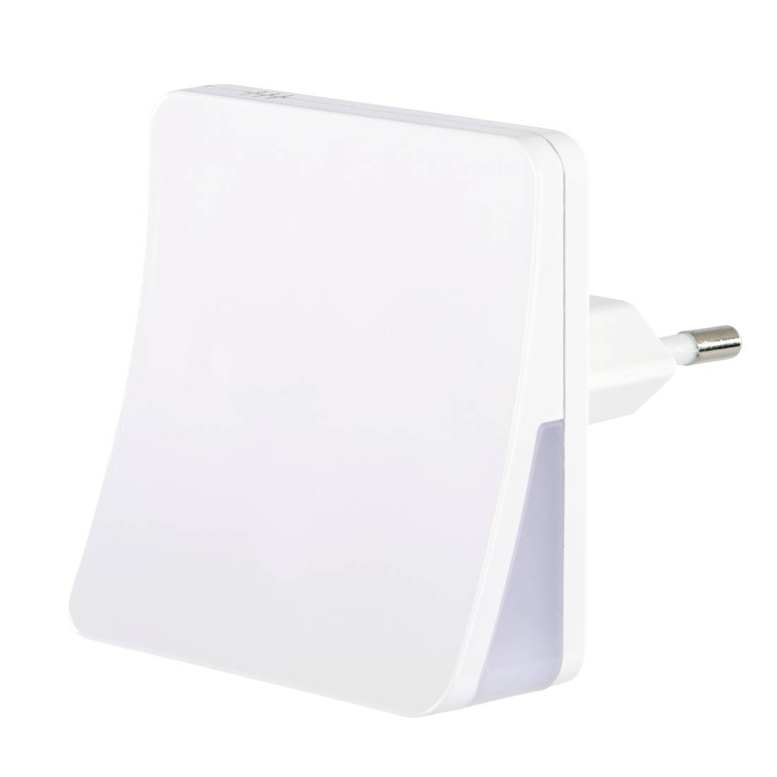 Appareil électrique enfichable blanc avec une façade en carré arrondi et connecteur à deux broches, présenté sur un fond neutre.