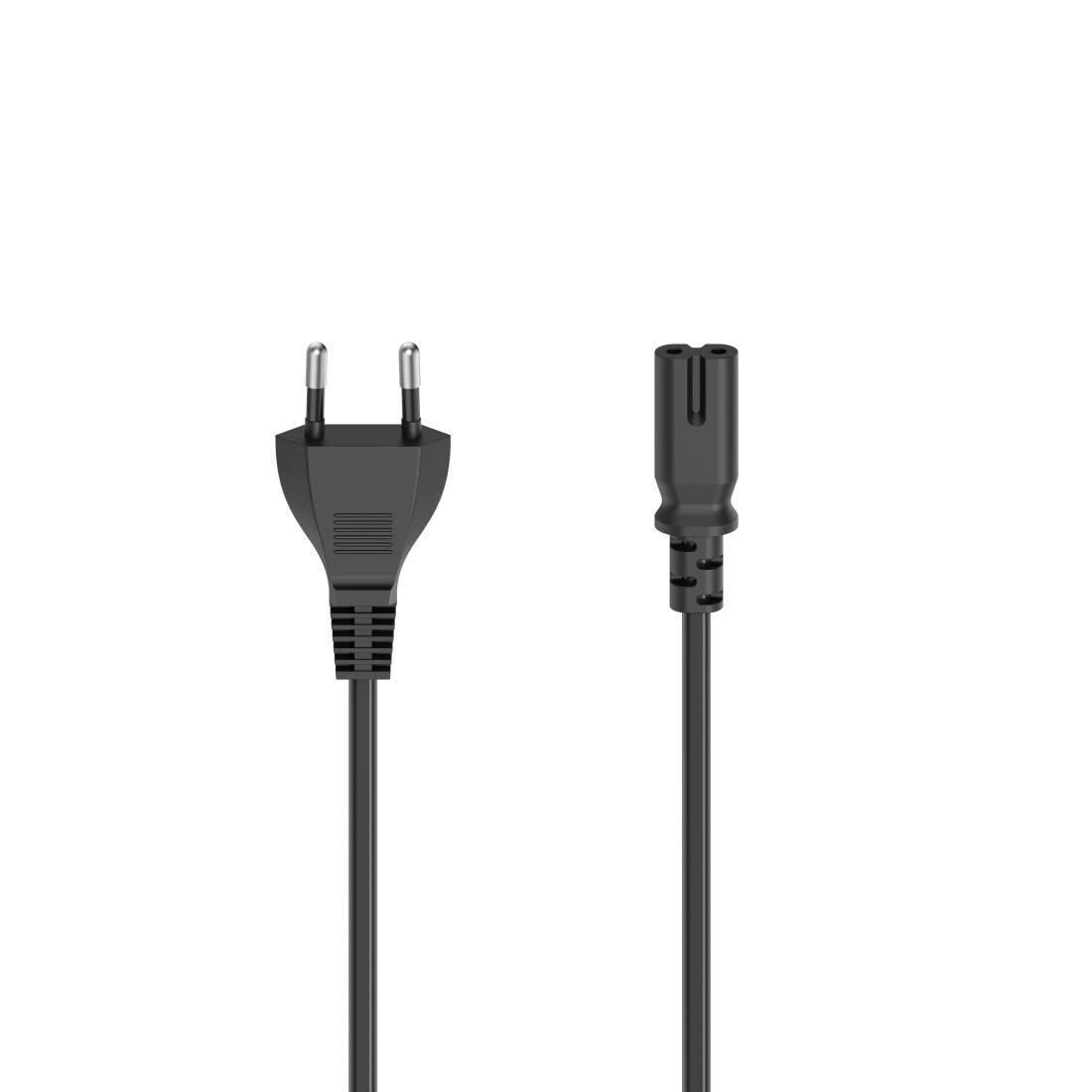 Cordon d'alimentation noir avec une prise européenne bipolaire à une extrémité et un connecteur d'appareil à deux trous à l'autre extrémité, présenté sur un fond blanc.