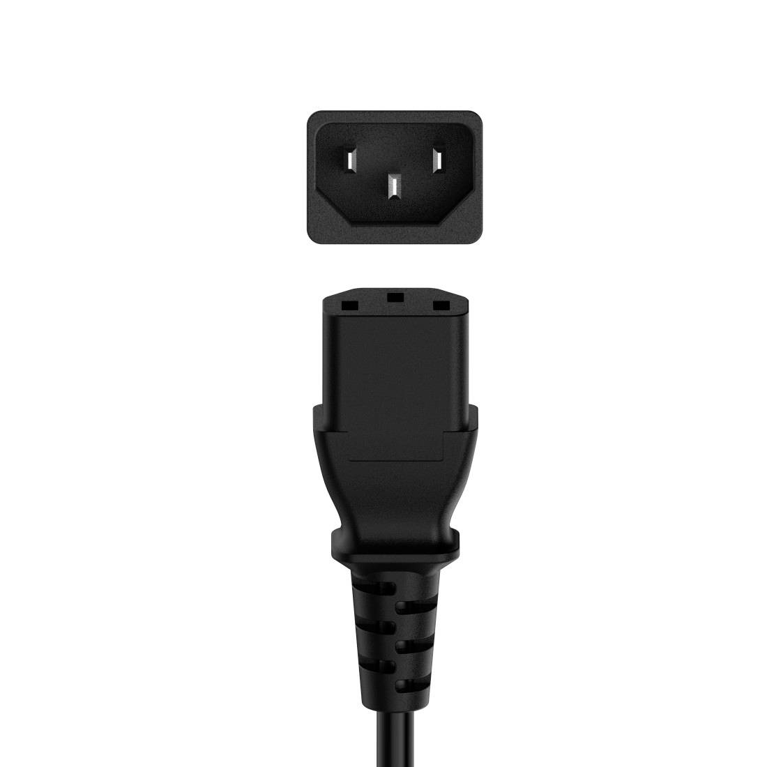Connecteur d'alimentation IEC noir avec trois fentes rectangulaires, montré en vue de face sur un fond blanc.