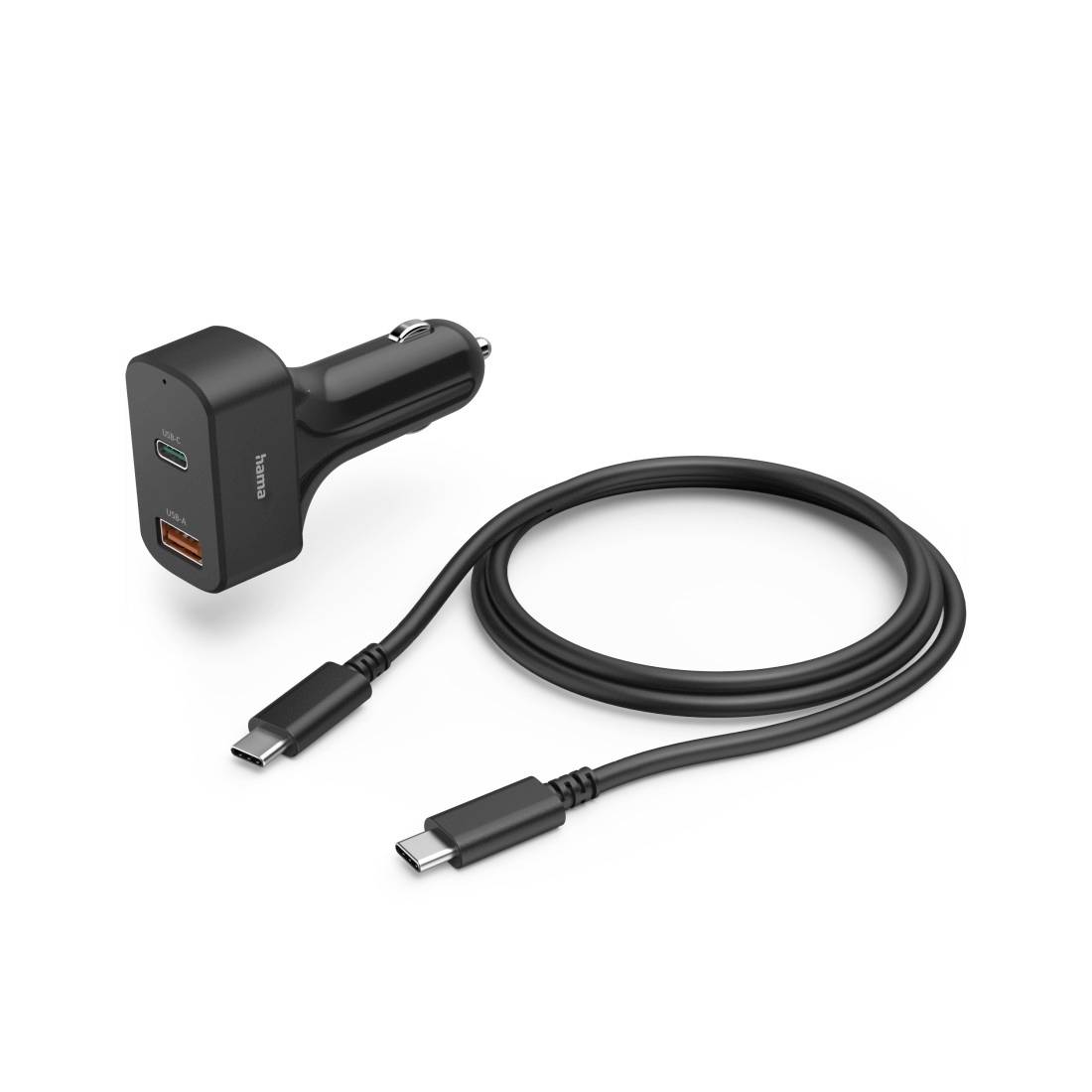 Chargeur de voiture USB-C avec deux ports de sortie et un câble de charge USB-C sur un fond blanc.