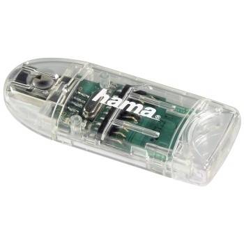 Clé USB transparent avec le logo « hama », présentée sur un fond blanc.