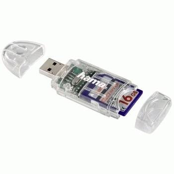 Lecteur USB flash transparent avec une carte mémoire de 16 Go à l'intérieur et les capuchons de protection retirés, présenté sur un fond blanc.