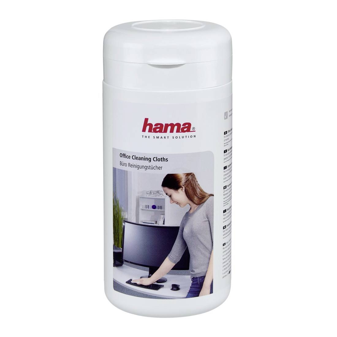 Panier de lingettes de nettoyage pour bureau Hama blanches avec étiquette montrant une femme essuyant un bureau