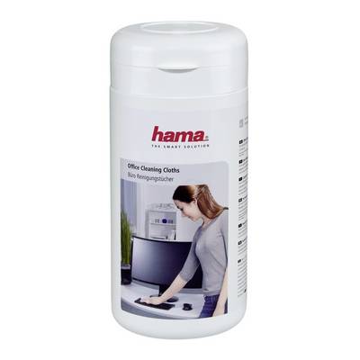 Panier de lingettes de nettoyage pour bureau Hama blanches avec étiquette montrant une femme essuyant un bureau