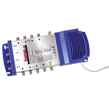 Amplificateur de signal d'antenne TV coaxiale Hama bleu et argent avec plusieurs connecteurs de câble et un cordon d'alimentation sur un fond blanc.