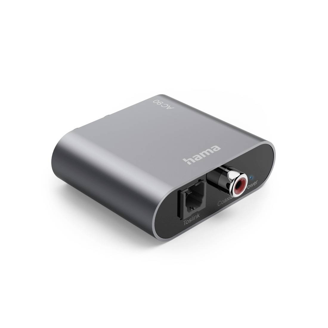 Convertisseur audio Hama avec ports d'entrée optiques et coaxiaux sur un appareil gris compact.