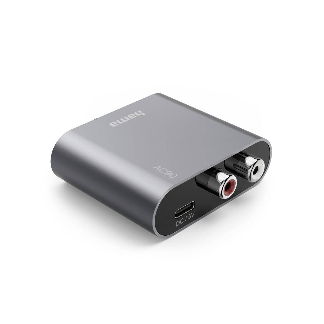 Adaptateur audio compact gris avec port d'alimentation USB-C et deux prises d'entrée/sortie RCA