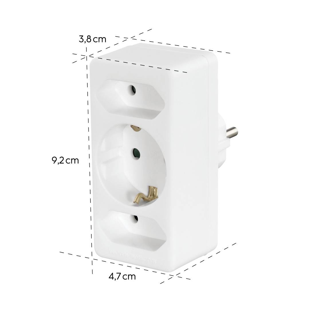 Adaptateur de prise électrique blanc avec une prise et une broche de mise à la terre latérale, présenté avec les dimensions 9,2 cm de hauteur, 4,7 cm de largeur, 3,8 cm de profondeur.