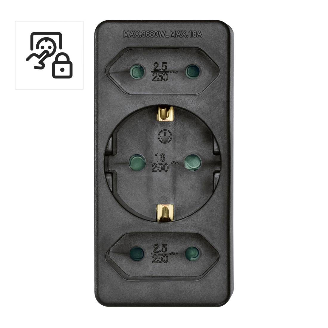 Adaptateur noir de prise de courant avec trois prises européennes, étiqueté max 3680W, max 16A et 250V, plus une petite icône de prise et verrouillage.