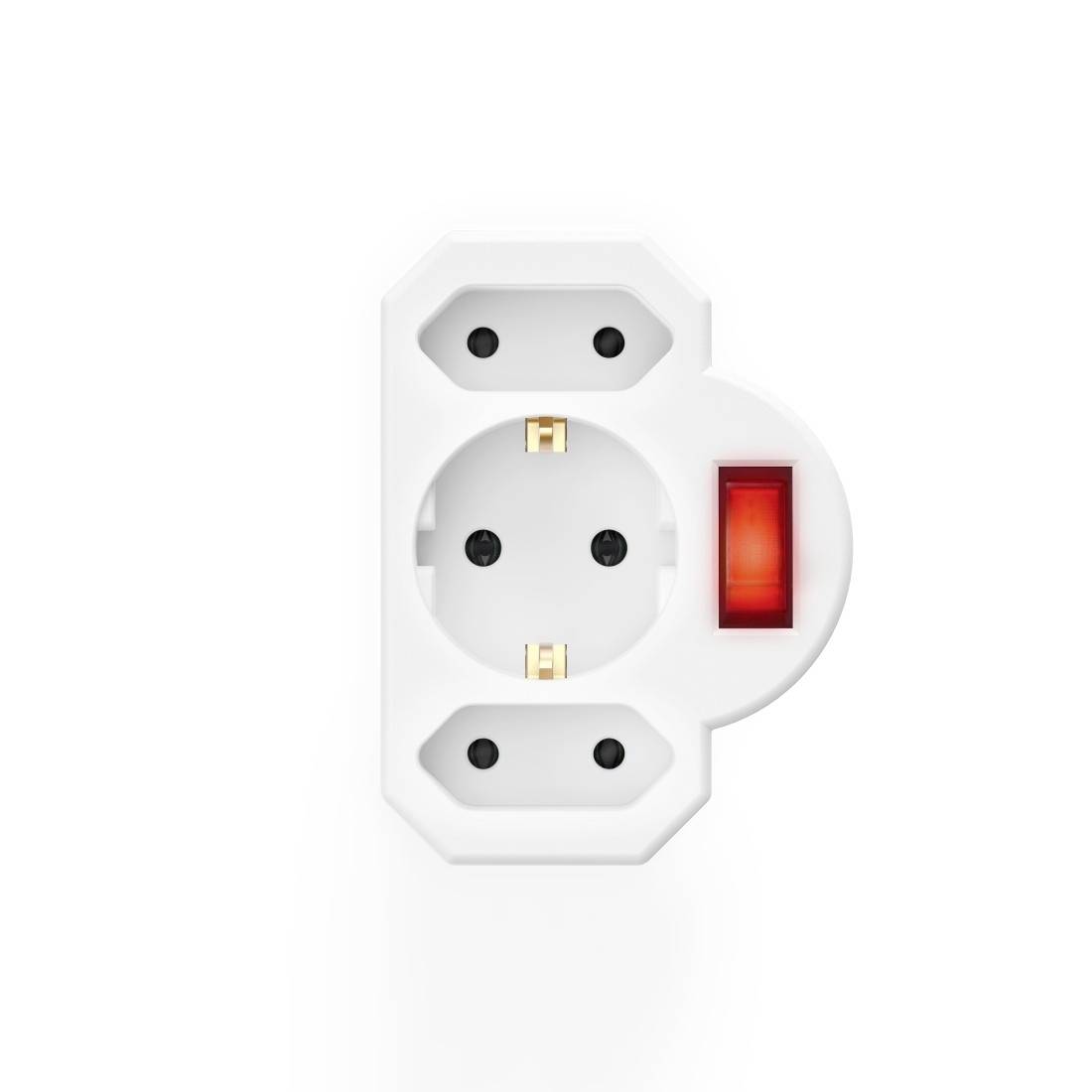 Prise murale électrique blanche avec un interrupteur marche/arrêt rouge, vue de face sur un fond neutre.