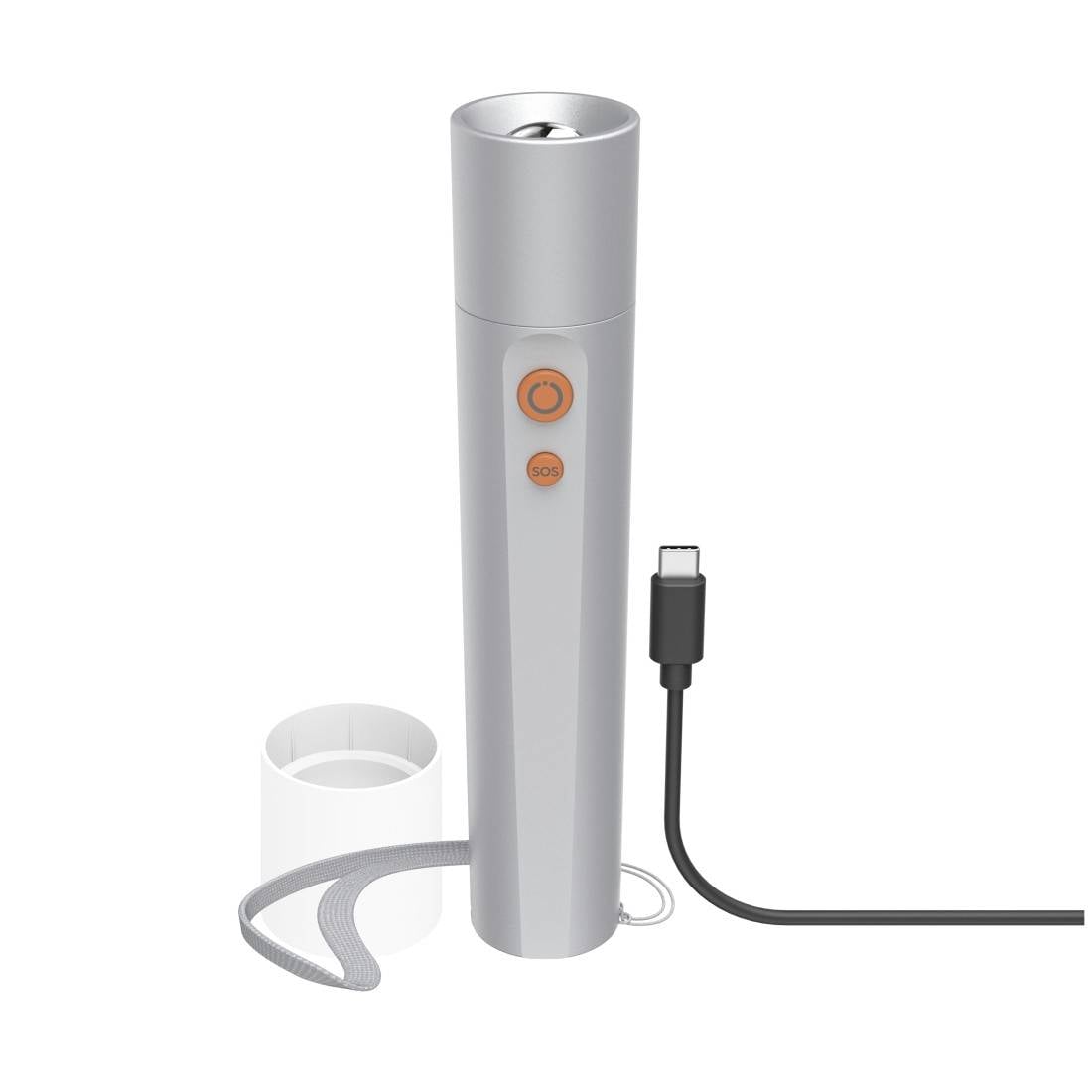 Appareil d'autoprotection portable en argent avec deux boutons orange, présenté avec un câble de charge, une dragonne et un étui blanc.