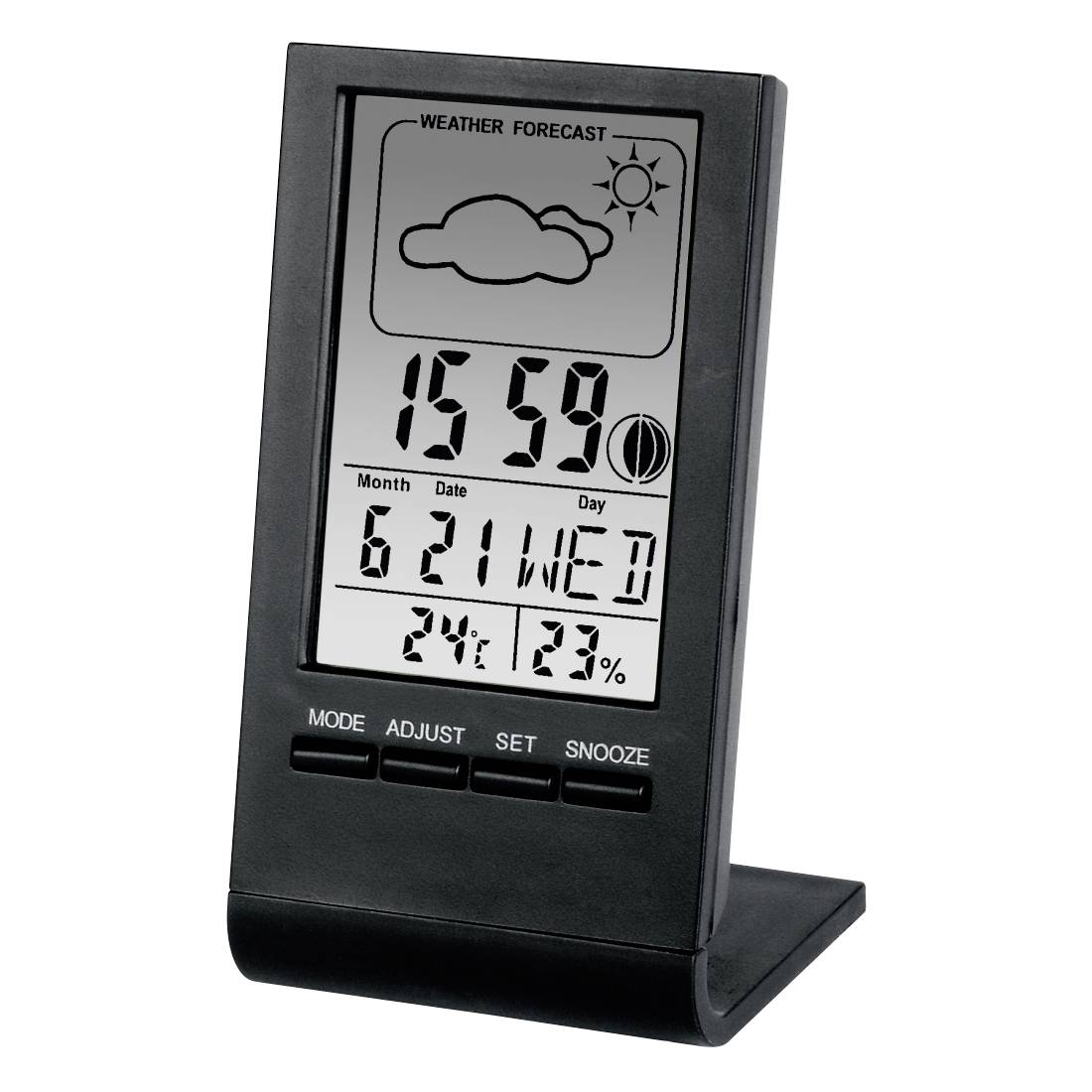 Station météorologique numérique sur pied affichant les prévisions nuageuses, l'heure 15:59, la date 6/21 mercredi, la température 24°C et l'humidité 23%.