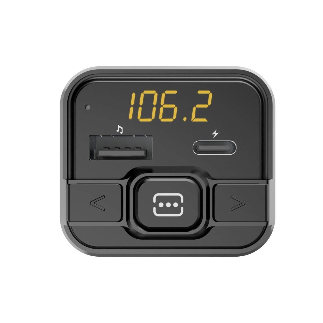 Transmetteur FM Bluetooth noir affichant « 106,2 », avec port USB, port de charge et boutons de contrôle gauche/droite.