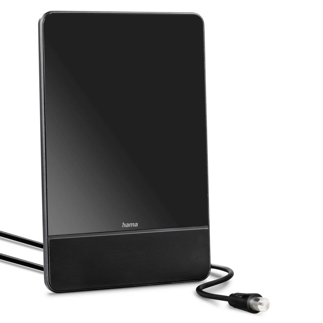 Appareil électronique Hama rectangulaire noir avec câble attaché et prise, montré sur un fond blanc.