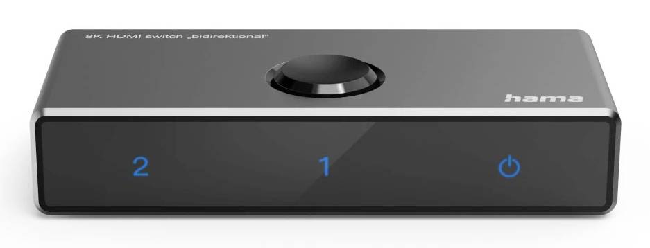 Commutateur HDMI 8K Hama noir compact avec un bouton rotatif central, affichage frontal montrant les entrées 1 et 2, et une icône d'alimentation