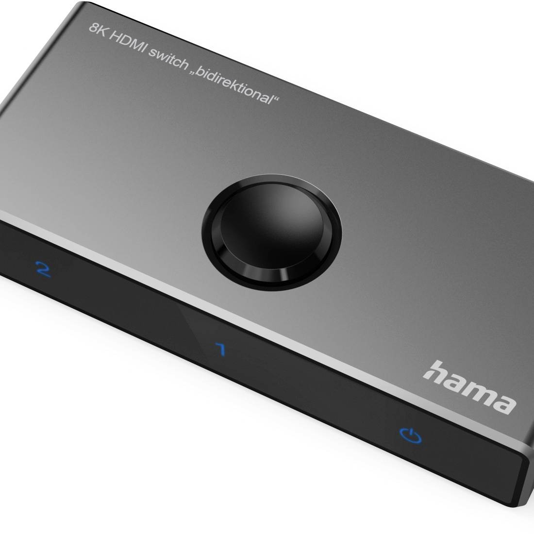 Commutateur HDMI bidirectionnel 8K compact avec un bouton central et deux entrées étiquetées « 1 » et « 2 », par Hama.
