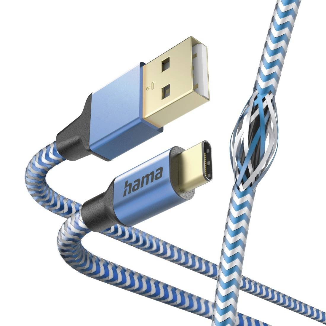 Câble USB tressé bleu et blanc avec connecteurs USB-A et USB-C, présenté en gros plan sur un fond blanc.