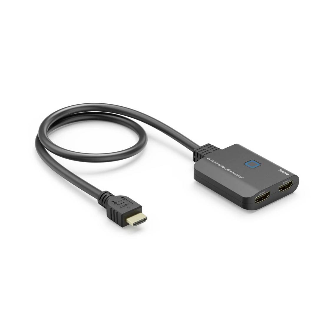 Câble adaptateur HDMI vers HDMI noir avec un cordon court et une boîte compacte, pour connecter un appareil à deux ports HDMI.
