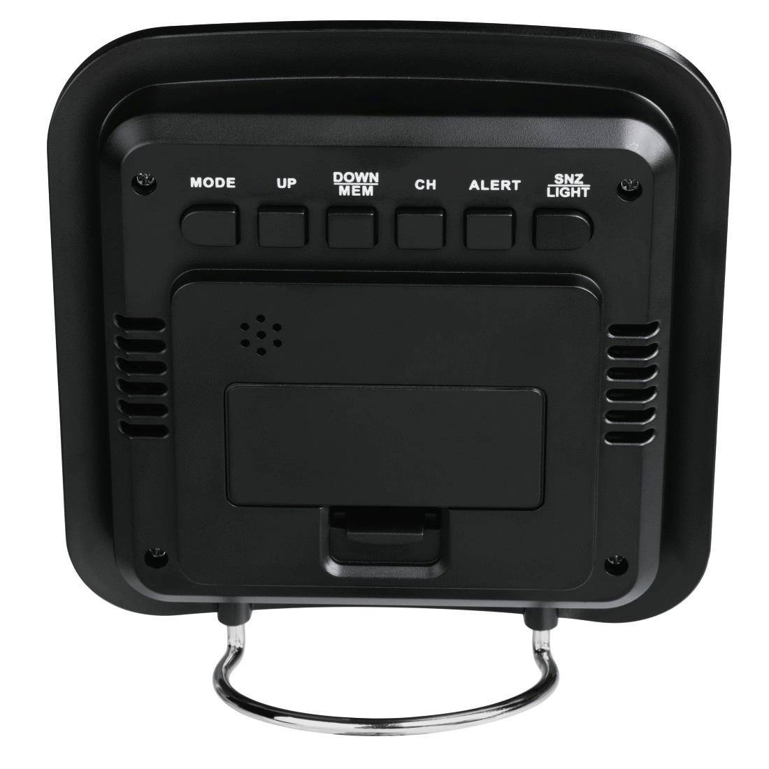 Verso d'un radio-réveil numérique noir avec boutons étiquetés, grilles de haut-parleur, compartiment à pile et support métallique.