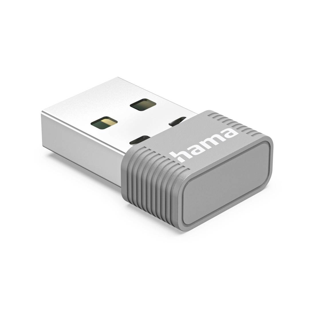 Gros plan d'un petit dongle adaptateur USB sans fil gris avec la marque « hama » sur le capuchon, présenté sur un fond blanc.