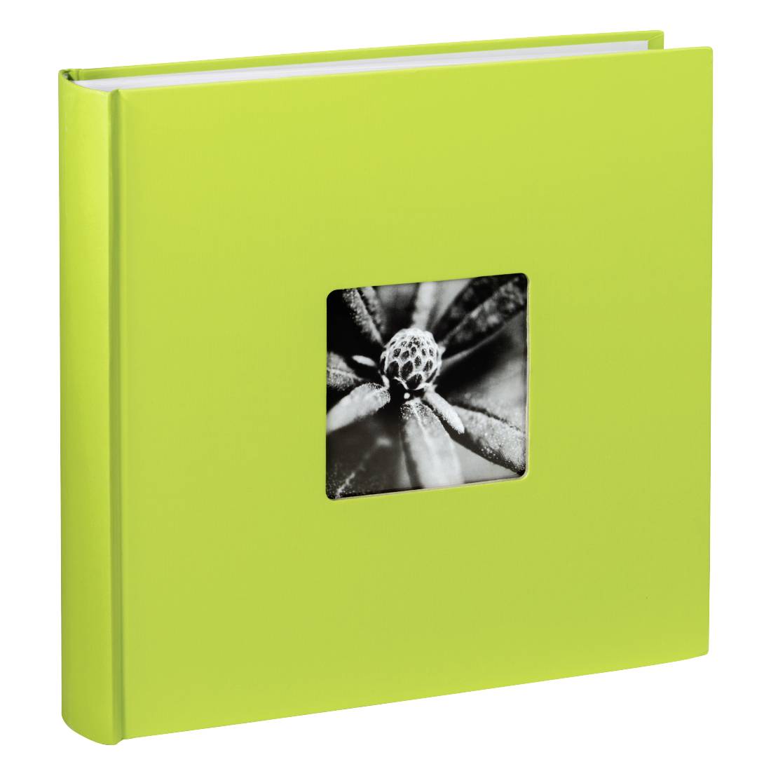 Album photo ou livre relié en vert citron brillant avec une petite image de fleur en noir et blanc centrée sur la couverture avant.