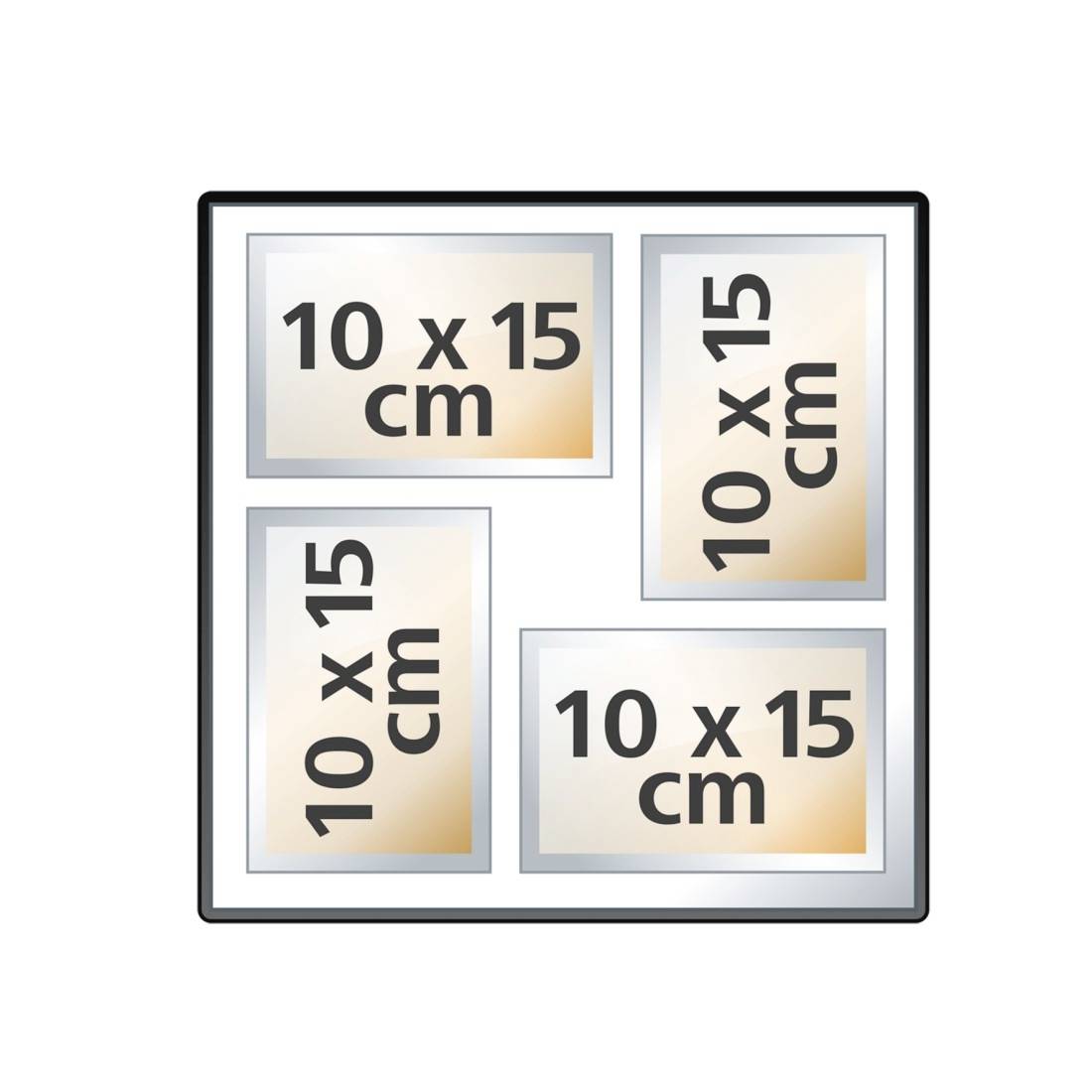 Diagramme montrant quatre cadres photo disposés en carré, chacun étiqueté « 10 x 15 cm » dans des orientations alternées horizontales et verticales.