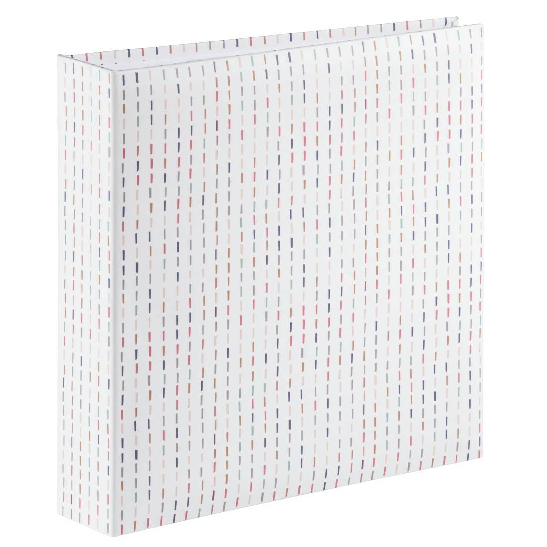 Boîte de rangement décorative blanche avec un motif de tirets verticaux multicolores sur le couvercle et les côtés.