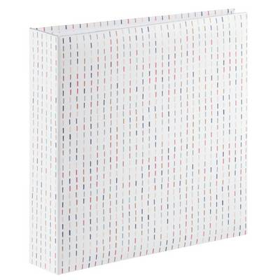 Boîte de rangement décorative blanche avec un motif de tirets verticaux multicolores sur le couvercle et les côtés.