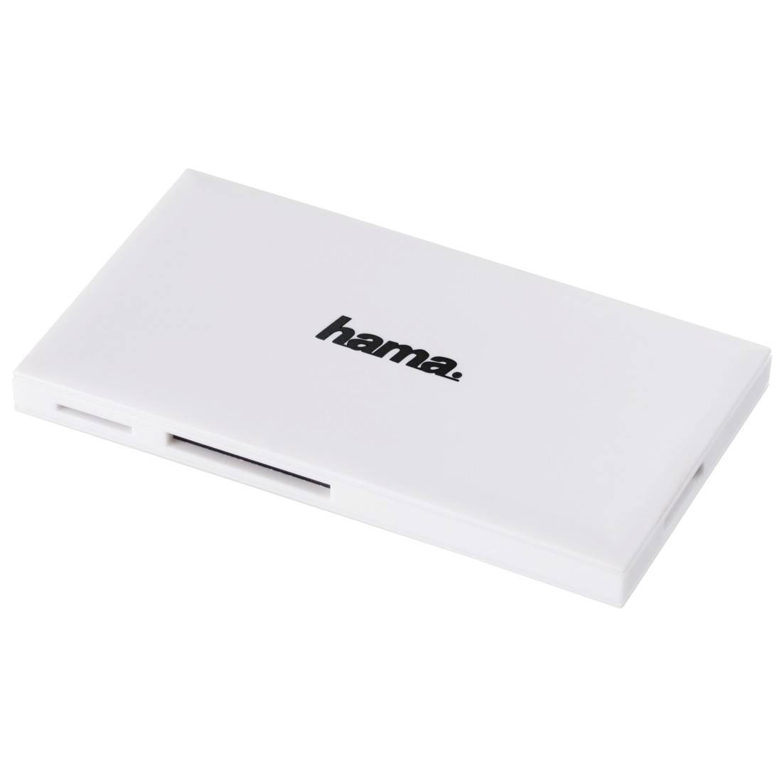 Boîtier de rangement pour cartes mémoire Hama blanc avec emplacements pour cartes, présenté fermé sur fond blanc.
